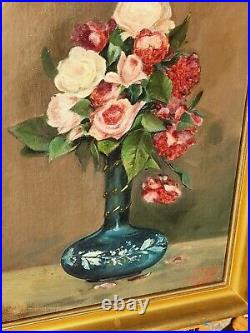 Tableau signé F. BAYLE Bouquet de Fleurs dans un Vase Peinture huile sur toile