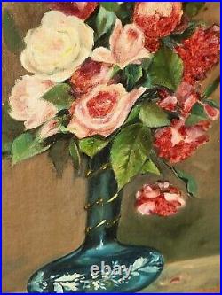 Tableau signé F. BAYLE Bouquet de Fleurs dans un Vase Peinture huile sur toile