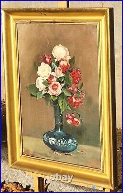 Tableau signé F. BAYLE Bouquet de Fleurs dans un Vase Peinture huile sur toile