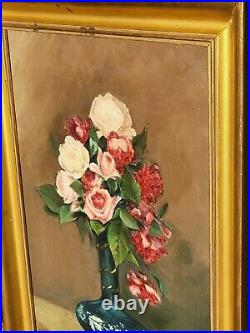 Tableau signé F. BAYLE Bouquet de Fleurs dans un Vase Peinture huile sur toile