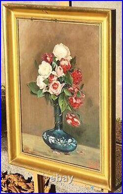 Tableau signé F. BAYLE Bouquet de Fleurs dans un Vase Peinture huile sur toile