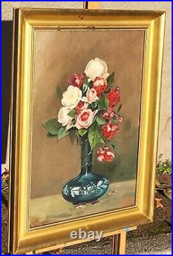 Tableau signé F. BAYLE Bouquet de Fleurs dans un Vase Peinture huile sur toile