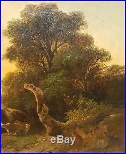 Tableau signé Jules COIGNET paysage soleil couchant 19e vaches arbre français