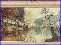 Tableau signé R. PERROT. Paysage Bord de Rivière. Peinture huile sur toile