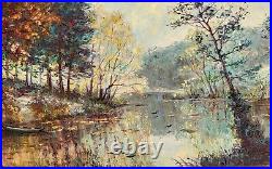 Tableau signé R. PERROT. Paysage Bord de Rivière. Peinture huile sur toile