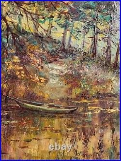 Tableau signé R. PERROT. Paysage Bord de Rivière. Peinture huile sur toile
