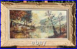 Tableau signé R. PERROT. Paysage Bord de Rivière. Peinture huile sur toile