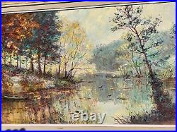 Tableau signé R. PERROT. Paysage Bord de Rivière. Peinture huile sur toile
