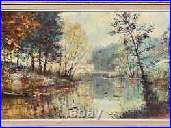 Tableau signé R. PERROT. Paysage Bord de Rivière. Peinture huile sur toile