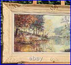 Tableau signé R. PERROT. Paysage Bord de Rivière. Peinture huile sur toile
