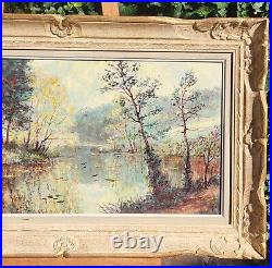 Tableau signé R. PERROT. Paysage Bord de Rivière. Peinture huile sur toile