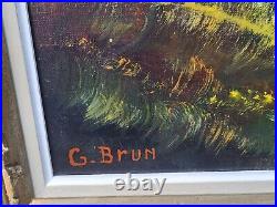 Tableau signée G. BRUN. Paysage Bord de rivière. Peinture huile sur toile