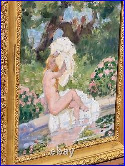 Tableau signée LUCIENNE LEROUX Femme Prenant le bain Peinture huile sur toile