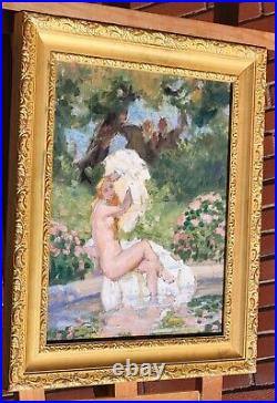 Tableau signée LUCIENNE LEROUX Femme Prenant le bain Peinture huile sur toile