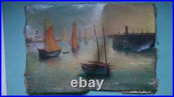 Tableau très ancien HST Huile sur toile Marine sans chassis Signature a identifi