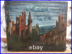 Très Belle Peinture Château Huile Sur Toile XVIIIe Paysage Mer Médiéval Ancien