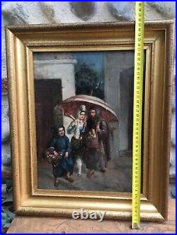 Très Belle Peinture Huile Sur Toile XIXe Jeune Fille Ombrelle École Espagnole