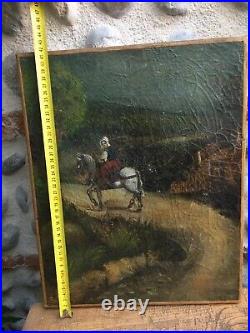 Très Belle Peinture Huile Sur Toile XVIIIe Jeune Fille à Cheval Chemin Forêt