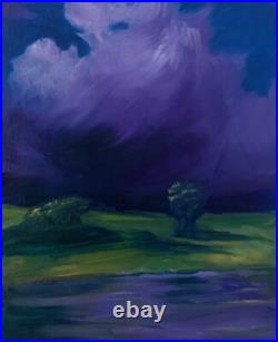 Tres Belle Peinture Huile sur Toile Nuages Violet Atmosphérique, 27x22cm
