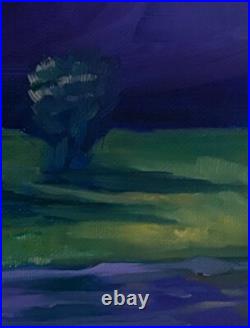 Tres Belle Peinture Huile sur Toile Nuages Violet Atmosphérique, 27x22cm