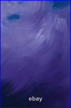 Tres Belle Peinture Huile sur Toile Nuages Violet Atmosphérique, 27x22cm