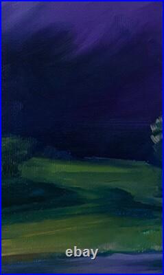 Tres Belle Peinture Huile sur Toile Nuages Violet Atmosphérique, 27x22cm