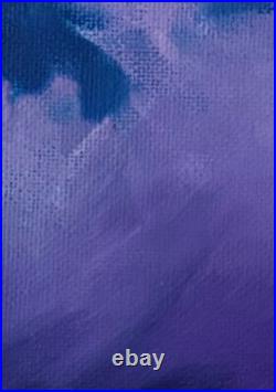 Tres Belle Peinture Huile sur Toile Nuages Violet Atmosphérique, 27x22cm