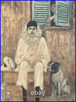 Très Belle Peinture Huile sur Toile femme portrait Clown Triste Pierrot Art 1920