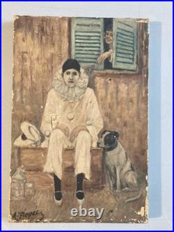 Très Belle Peinture Huile sur Toile femme portrait Clown Triste Pierrot Art 1920