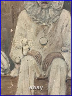 Très Belle Peinture Huile sur Toile femme portrait Clown Triste Pierrot Art 1920