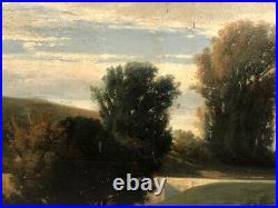 Très grande huile sur toile XIXe, paysage animé de vaches. 101 x 147 cm