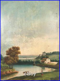 Trumeau XIXe Huile sur toile représentant un paysage animé