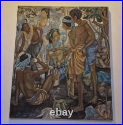 Ubud école de Bali Magnifique huile sur toile signée Sudjana 50 x 42,5 cm