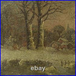 Vers 1880-1900 Peinture ancienne à l'huile Paysage d'hiver avec une ferme 38x32