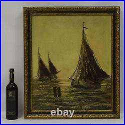 Vers 1930-1950 Peinture ancienne à l'huile sur toile navires en mer 70x60 cm