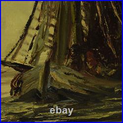 Vers 1930-1950 Peinture ancienne à l'huile sur toile navires en mer 70x60 cm