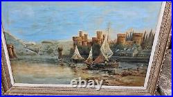 Vue de mer sur l'entrée d'un port et une cité médiévale Huile sur toile Moth