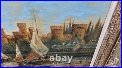 Vue de mer sur l'entrée d'un port et une cité médiévale Huile sur toile Moth