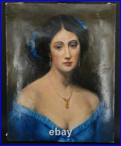 XIX ème s, portrait d'une élégante au corsage bleu