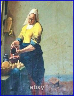 XIXe Huile sur Toile La Laitière d'après Johannes Vermeer Ancien travail Copiste