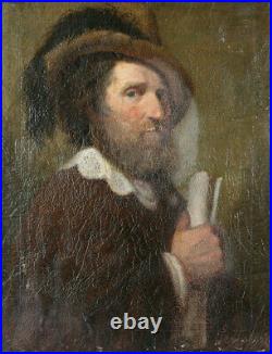 XIXe Portrait d Homme à barbe Hollande Huile sur Toile Signé Tableau à Restaurer