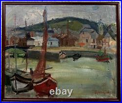 Yachts Marine Antique Original Oil on Canvas Painting, Hand Made, Signed