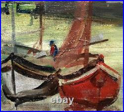 Yachts Marine Antique Original Oil on Canvas Painting, Hand Made, Signed