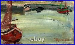 Yachts Marine Antique Original Oil on Canvas Painting, Hand Made, Signed